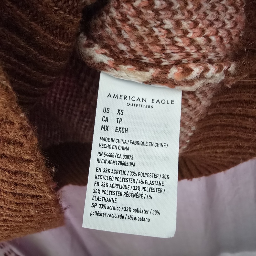 American Eagle Fair Isle Boho Cropped Knit Sweater Brown Ivory Women's XS - Picture 4 of 6